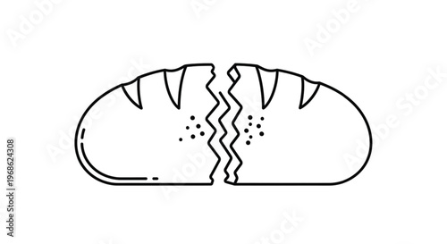 Minimalist vector line icon of a broken loaf of bread, representing the Holy Communion and religious sharing.