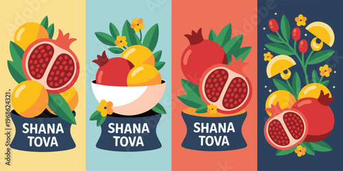 Shana tova jewish new year banners featuring pomegranates and yellow apples symbols of rosh hashanah tradition on colorful backgrounds.