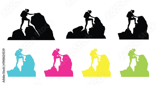 Silhouette climbers ascending rock formations in various vibrant colors