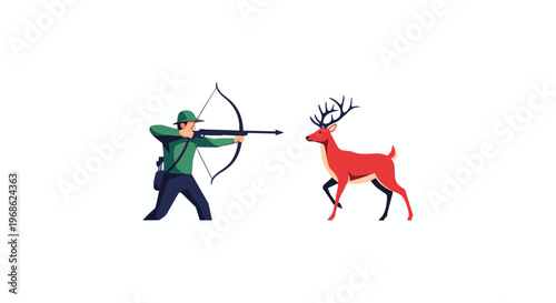 Hunter aiming with a bow and arrow at a deer in the forest