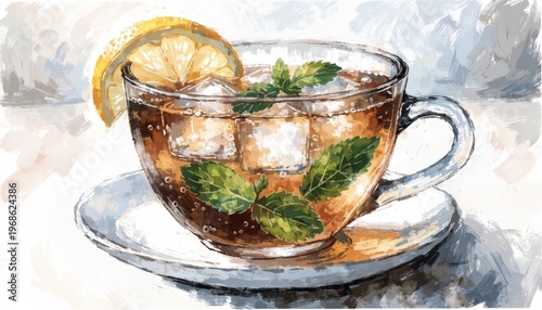 Gigapixel Standard v2 4x Cup of Herbal Tea with Lemon Slice and Mint Leaves