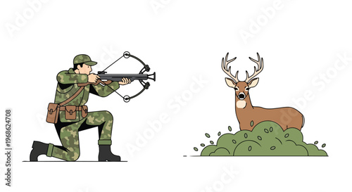 Hunter with Crossbow Aiming at a Deer in the Wild