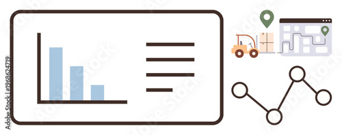 Logistics, supply chain, business analytics, warehouse organization, delivery tracking, technology integration. Bar graph, delivery route map and network connections . Logistics and supply chain