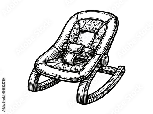 Vintage Baby Bouncer Engraving Illustration Black and White Line Art