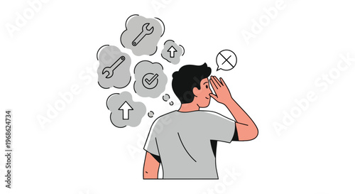 Young man thinking about technical solutions and problem solving process