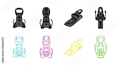 Colorful ski bindings icon set displaying various styles and perspectives
