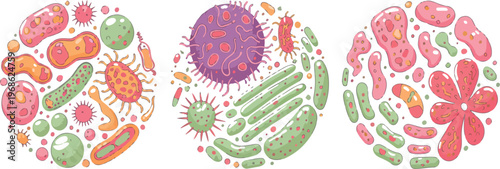 Cartoon bacteria and germs in circular frame, human disease cells, microorganisms, virus and infection biology vector illustration set