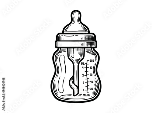 Vintage Anti-Colic Baby Bottle Engraving Illustration Black and White Line Art