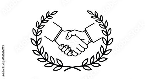 A black and white illustration of a handshake framed by laurel leaves