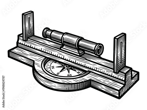 Vintage Alidade Surveying Instrument Engraving Illustration Black and White Line Art