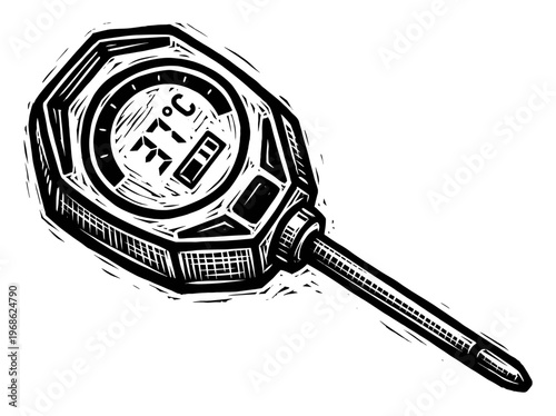Vintage Baby Bath Thermometer Engraving Illustration Black and White Line Art