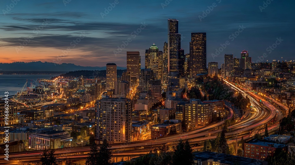 Fototapeta premium City lights twinkle in Seattle, Washington as the sun sets.