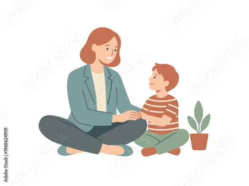 A caring adult and a young child share a warm, attentive moment, fostering connection and open communication in a supportive and educational environment