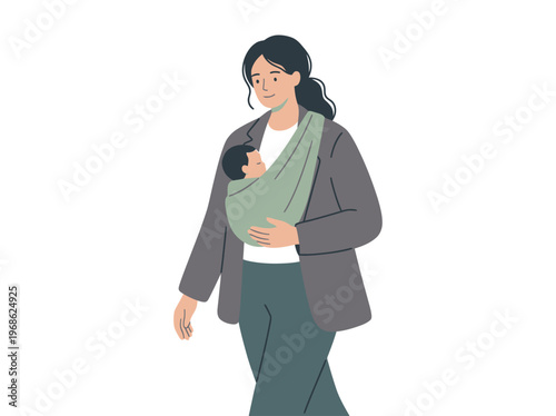 A loving mother gently walks with her infant, securely carried in a comfortable baby sling, symbolizing modern parenthood and devoted care