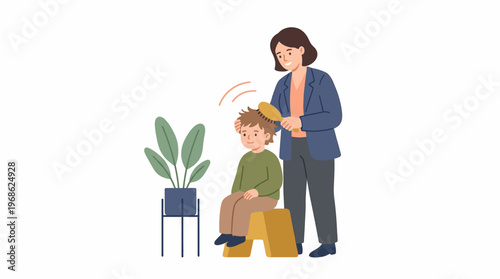 A loving mother brushing her son's hair, a tender moment for mothers day celebration