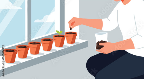 A person placing a seed into a terracotta pot on a sunny window ledge at home
