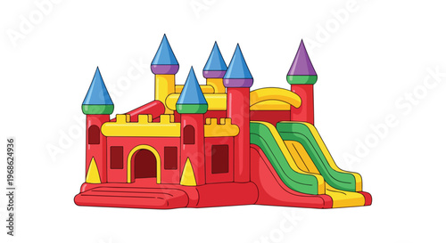 A colorful inflatable bounce house castle with tall towers and a side slide ramp