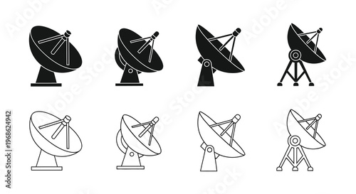Satellite dishes in varying styles and orientations depicted as black and white icons
