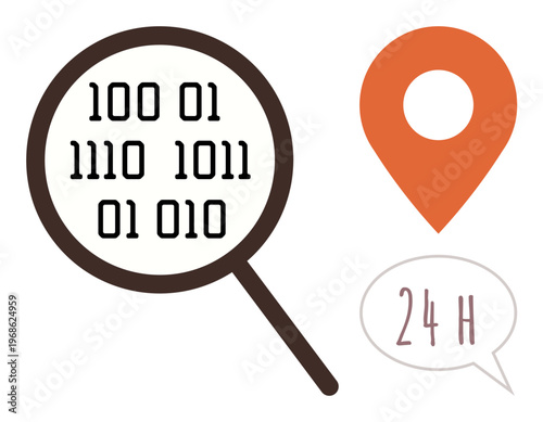 Data analysis, location services, digital technology, round-the-clock service, coding, software development. Magnifying glass with binary code, location pin and 24-hour bubble. Data analysis
