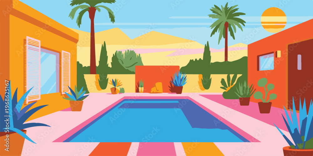 Obraz premium Vibrant summer vacation with swimming pool, palm trees, and desert mountains landscape, colorful architectural style.