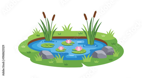 A tranquil pond scene with blooming lotus flowers cattails and rocks presented in a flat dark silhouette high quality professional detailed