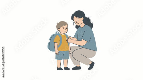 A loving mother gently adjusts her son's backpack, a heartwarming moment symbolizing care and preparation, perfect for mothers day themes and celebrating maternal bonds
