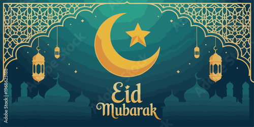 Luxurious eid mubarak banner with golden crescent moon, star, hanging lanterns, and mosque silhouettes.