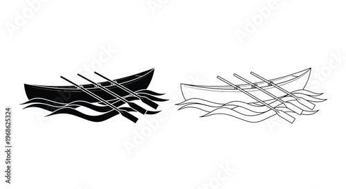 Simple black and white illustrations of a boat with oars on water