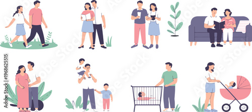 Parents and children vector set featuring young family, baby, pregnant mom, father with son, lifestyle and relationships illustration