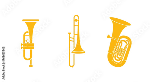 Trombone trumpet and tuba instruments.
