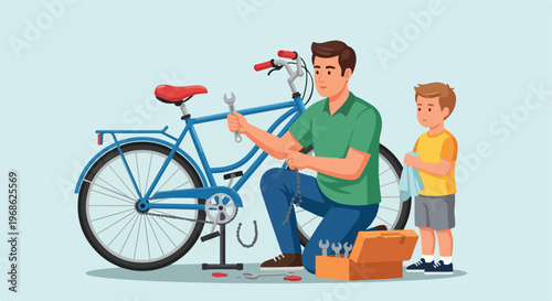 A man teaching his young son how to repair a blue bicycle in a flat style art