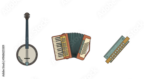 Banjo accordion and harmonica musical instruments.