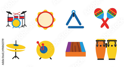 Colorful percussion musical instruments set.