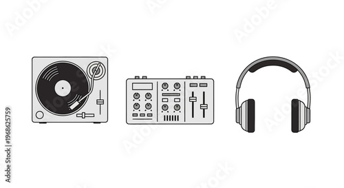 DJ equipment with turntable headphones.