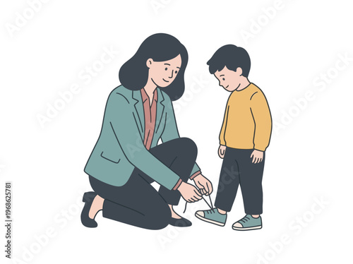 A loving mother helps her child tie shoelaces, a tender moment illustrating parental care, teaching, and the strong family bonds cherished, ideal for Mothers Day