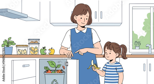 A mother showing her daughter how to dispose of food scraps in a kitchen bin