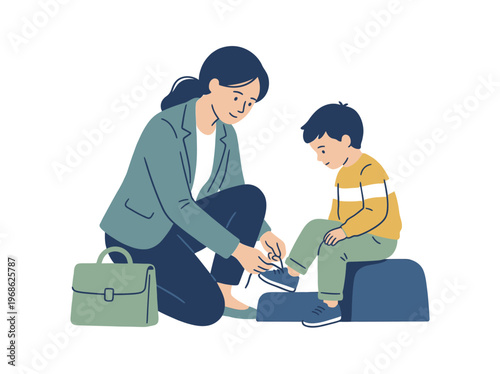 A devoted mother lovingly ties her child's shoelace, a heartwarming moment embodying the unconditional love and daily support cherished on Mothers Day
