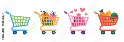 Four colorful shopping carts filled with various goods, retail and shopping concept, consumer purchases illustration