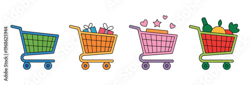 Four colorful shopping carts filled with various goods, retail and shopping concept, consumer purchases illustration