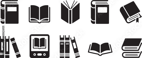 Book icons collection featuring various styles of closed and open books, e-readers, and stacked books for education.