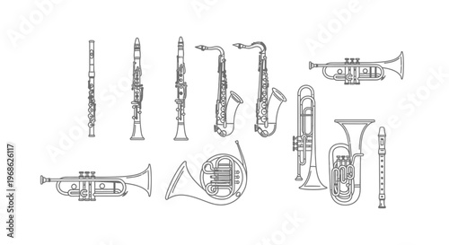 Various Musical Wind Instruments Drawing.