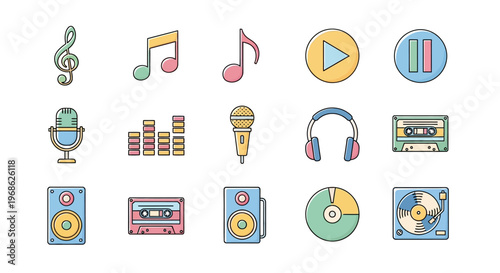 Music icons and audio symbols.