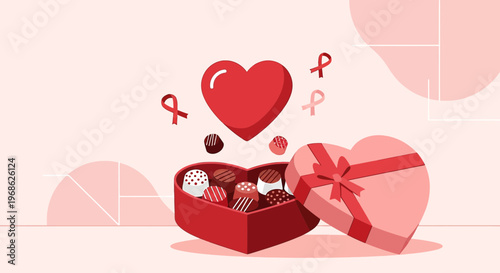 Heart Shape Chocolate Box with Ribbons and Abstract Shapes