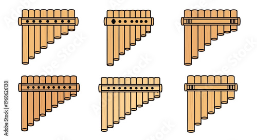 Six small wooden pan flute instruments.