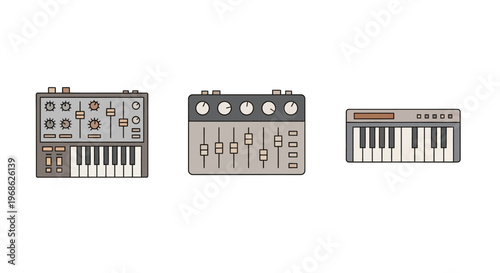 Electronic music keyboards and synthesizers.