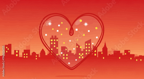 Heart shape city skyline silhouette, love, romance, urban life, warm colors