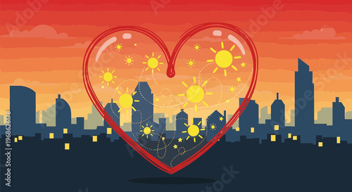 Heart Shape Cityscape with Sun Icons and Sunset Sky Background