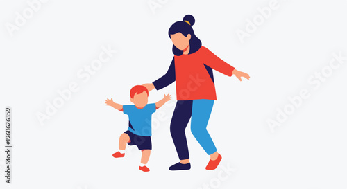 A parent supports their small toddler as the child takes their first steps