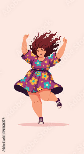 A happy curvy woman in a floral dress jumping with excitement and joy
