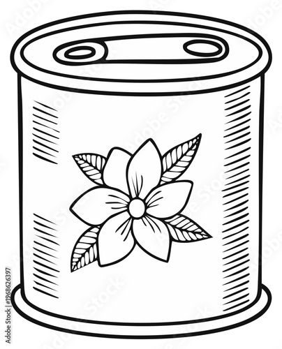 Doodle canned food with floral design, vector line art style package for preservation.